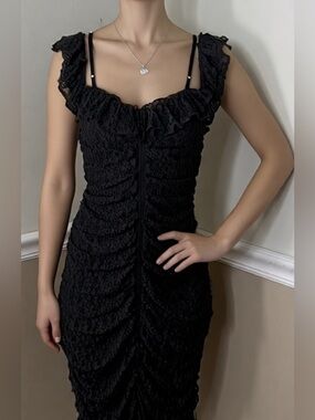 🎉 2 for $20! Klesis Black Ruffled Ruched Midi Dress with Adjustable Straps